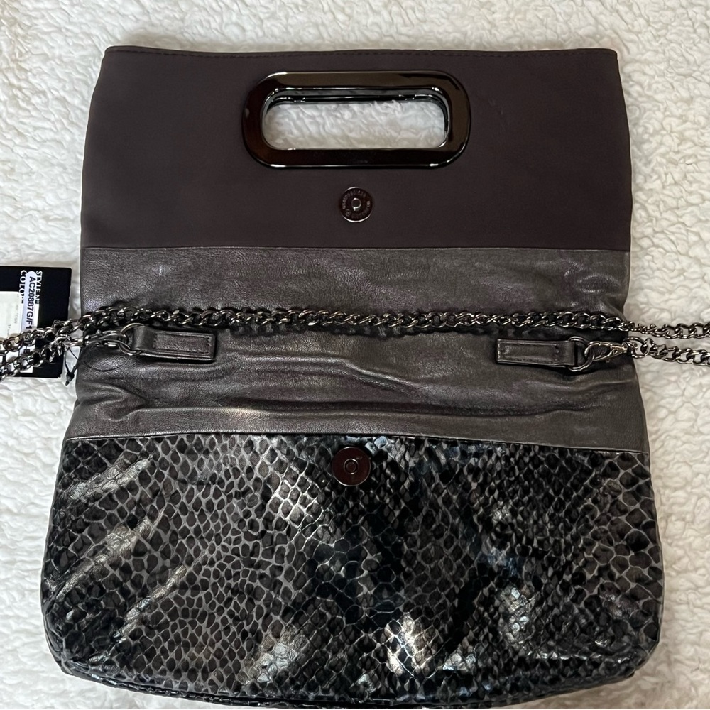 Sondra Robert’s NWT Clutch, w chain and handles. Chocolate brown w snakeskin